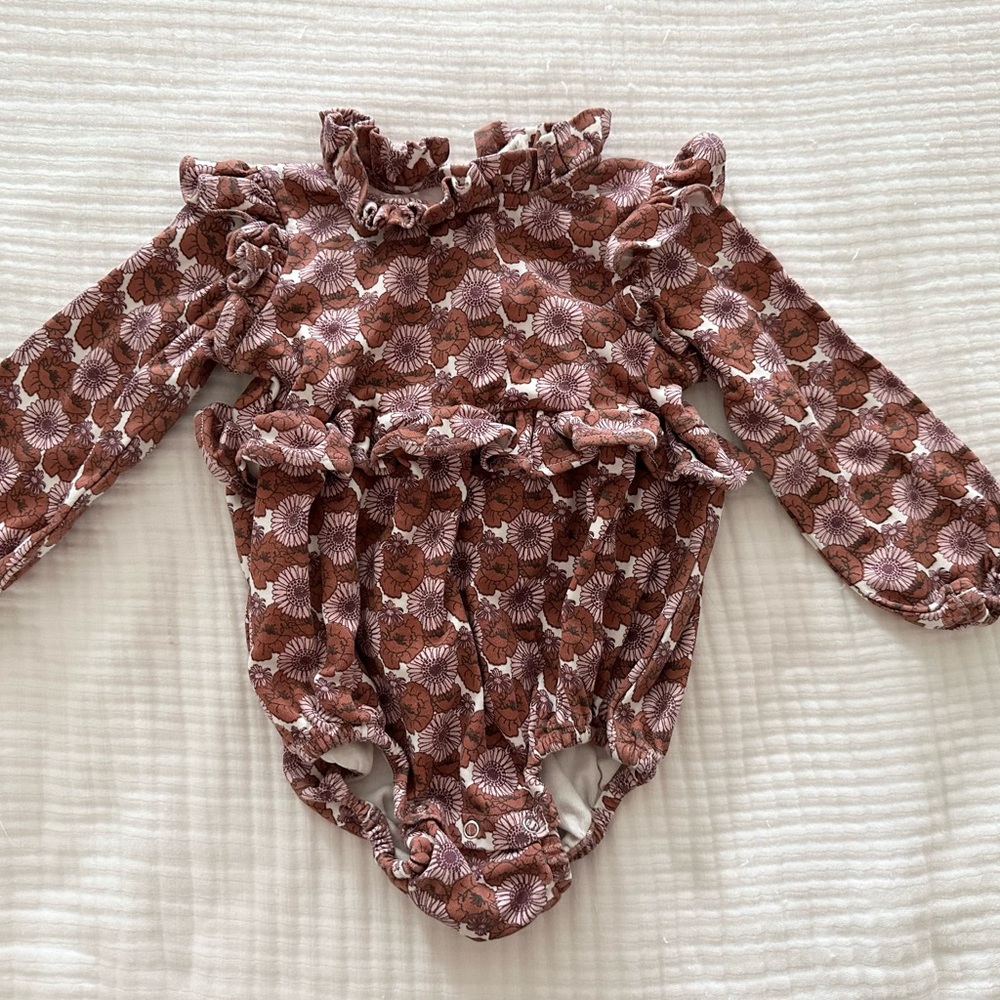 Kate Quinn Floral Ruffle Bodysuit in Brown and Cream